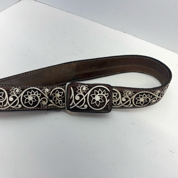 Vintage Tooled Leather Belt w/Floral Scroll Design Brown/White Western Large 43” main image 6
